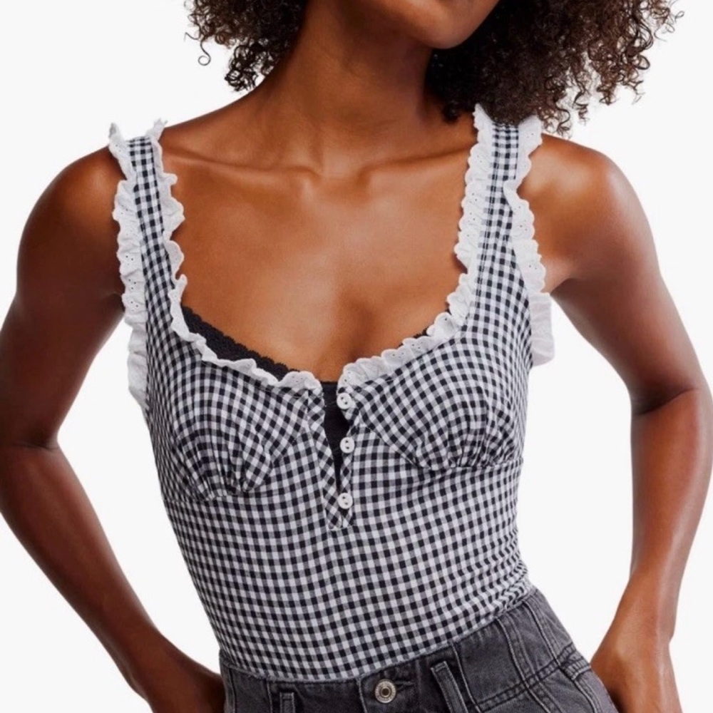 Free People Black and White Gingham Ruffle-Trim Bodysuit